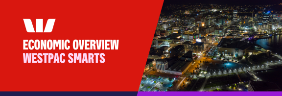 Westpac bank logo in white on a red background, with event title "Economic Overview - Westpac Smarts" in a light pink under it.